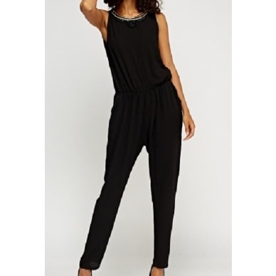 Embellished Neck Jumpsuit - Black