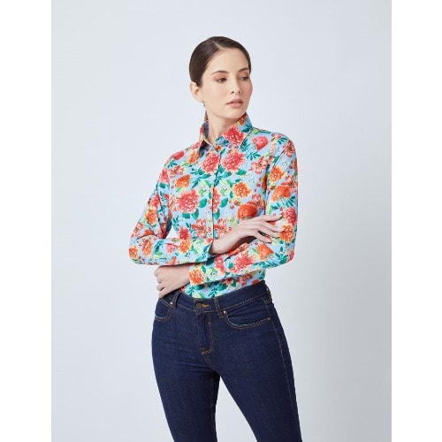 Women’s Light Vintage Blossom Floral Print Fitted Shirt - Blue & Red