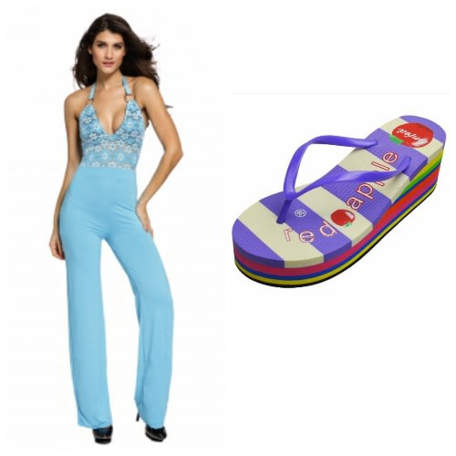 Emfed Self Tie Halterneck Wide Leg Jumpsuit with Free Flip Flop - Light Blue