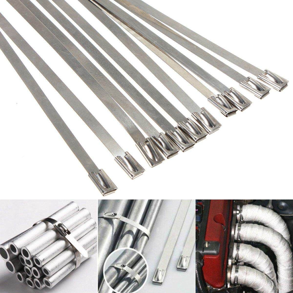 10X Stainless Steel Locking Cable Ties For Exhaust Pipe Header Wrap Tape 45cm