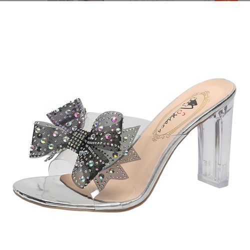 Ladies Rhinestone Bow One Word Transparent Slippers