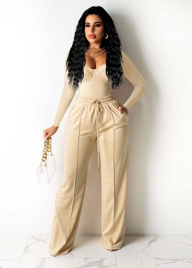 Women's Two-piece Suit New Temperament Casual Solid Color Low-cut Suit Beige