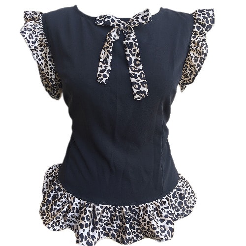 Shopadaa - Ruffle Sleeve And Bow Tie - Black Top With Leoaprd Print