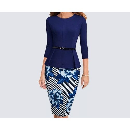 Peplum Belted Pencil Dress- Floral Blue