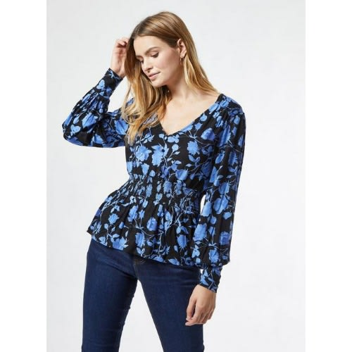 Blue Floral Print Shirred Waist Top