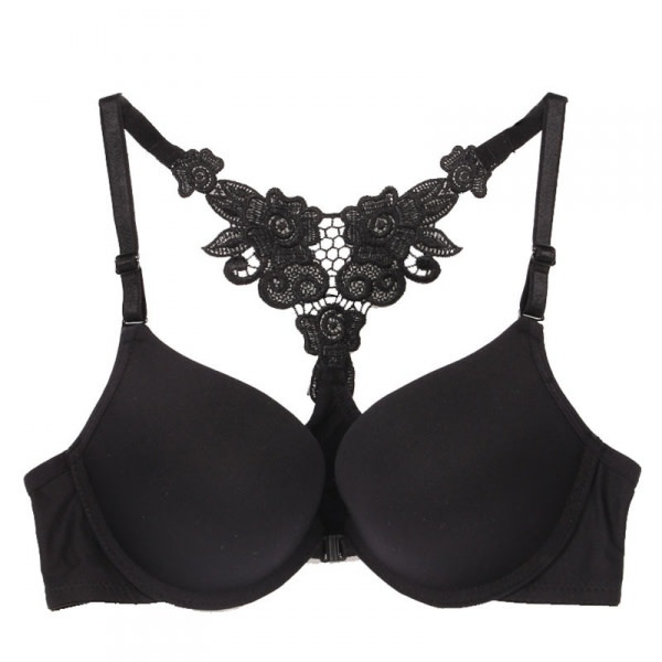 Sexy Front Closure Lace Racer Back Push Up Bra - Black