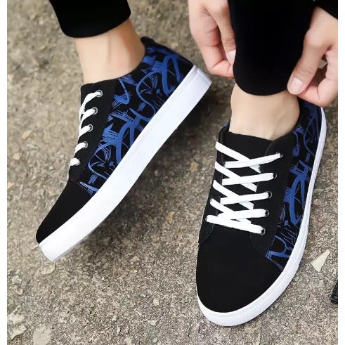 Men's Print Canvas Casual Lace Up Sneakers - Black And  Blue