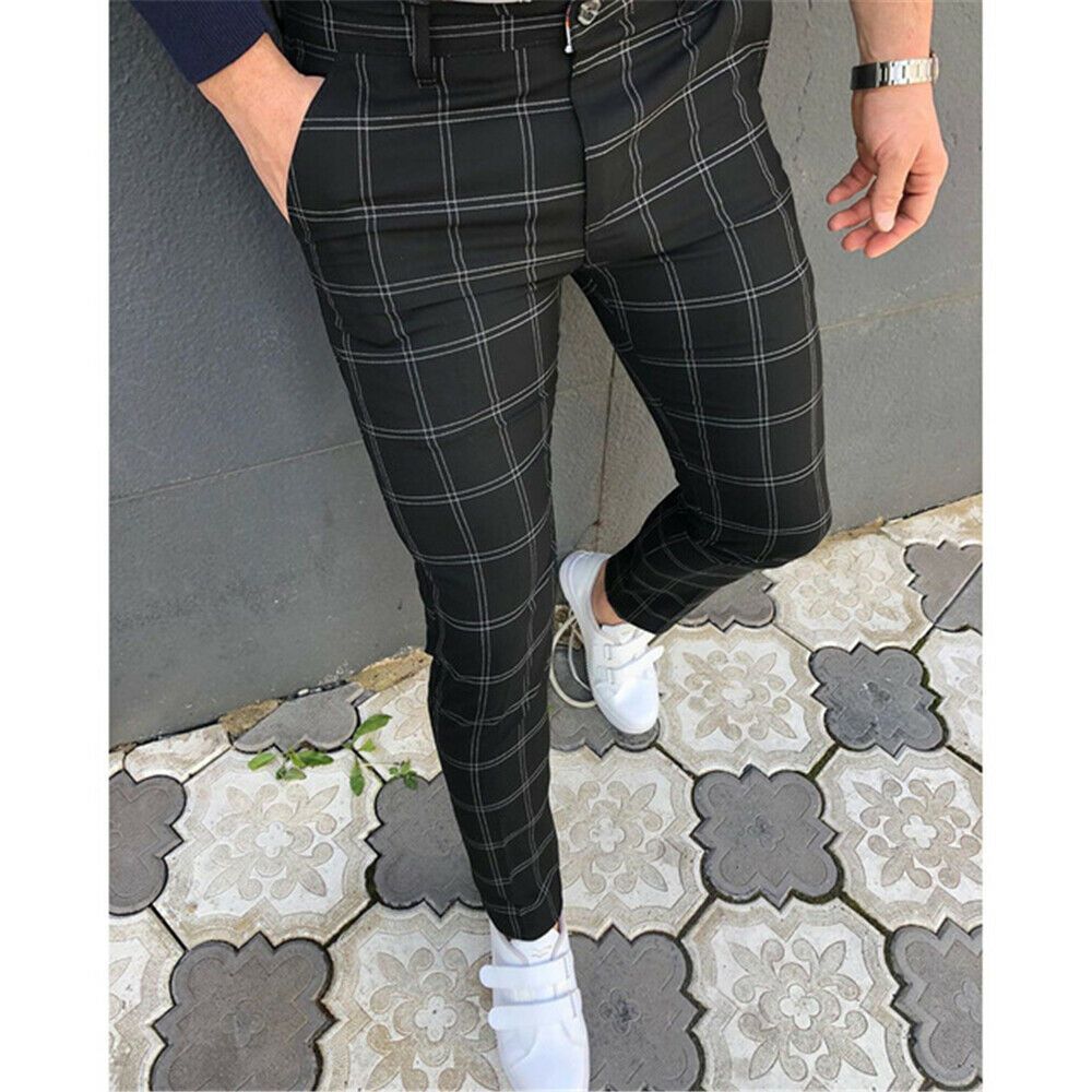 (Black)Men's Business Casual Striped Skinny Long Trousers Office Slim Fit Pants