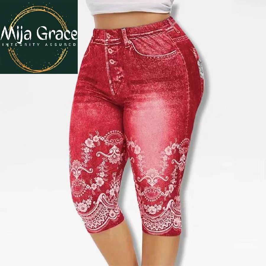 {MijaGrace} Women's Fashion Denim Print 3/4 Yoga Pants - Red
