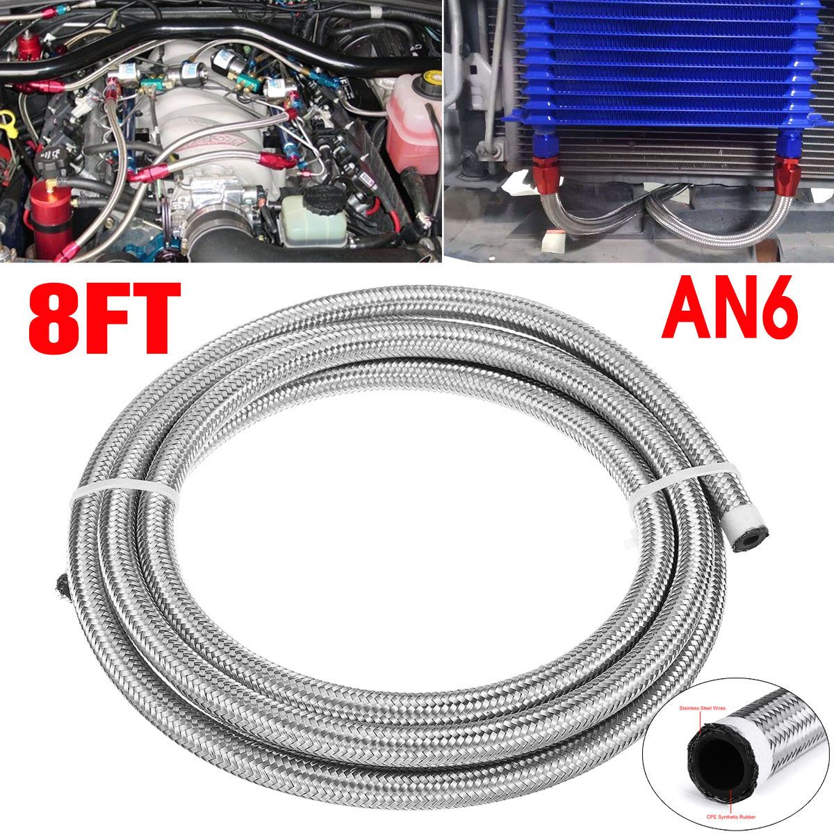 8FT AN6 Fuel Hose Oil Gas Line Pipe Stainless Steel Braided #Silver [Black]