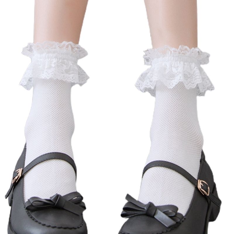 (Dark Grey)Japanese Women Cotton Ankle Socks Lolita Ruffle Frilly Trim Lace Uniform Hosiery SM SMA