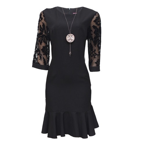 Black Mesh Sleeve Dress With Neck Piece.