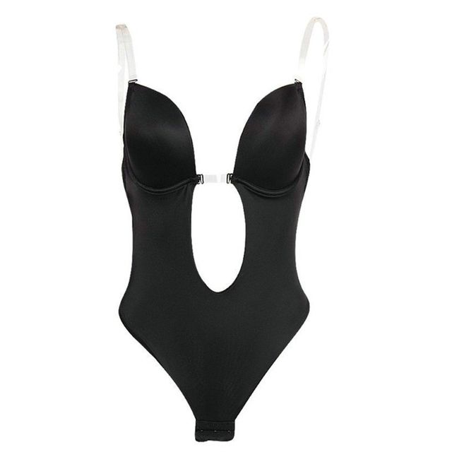 Women Sexy U Plunge Backless Bodysuit Deep V_Neck Seamless Thong Bottom Underwear Padded Push Up Bo