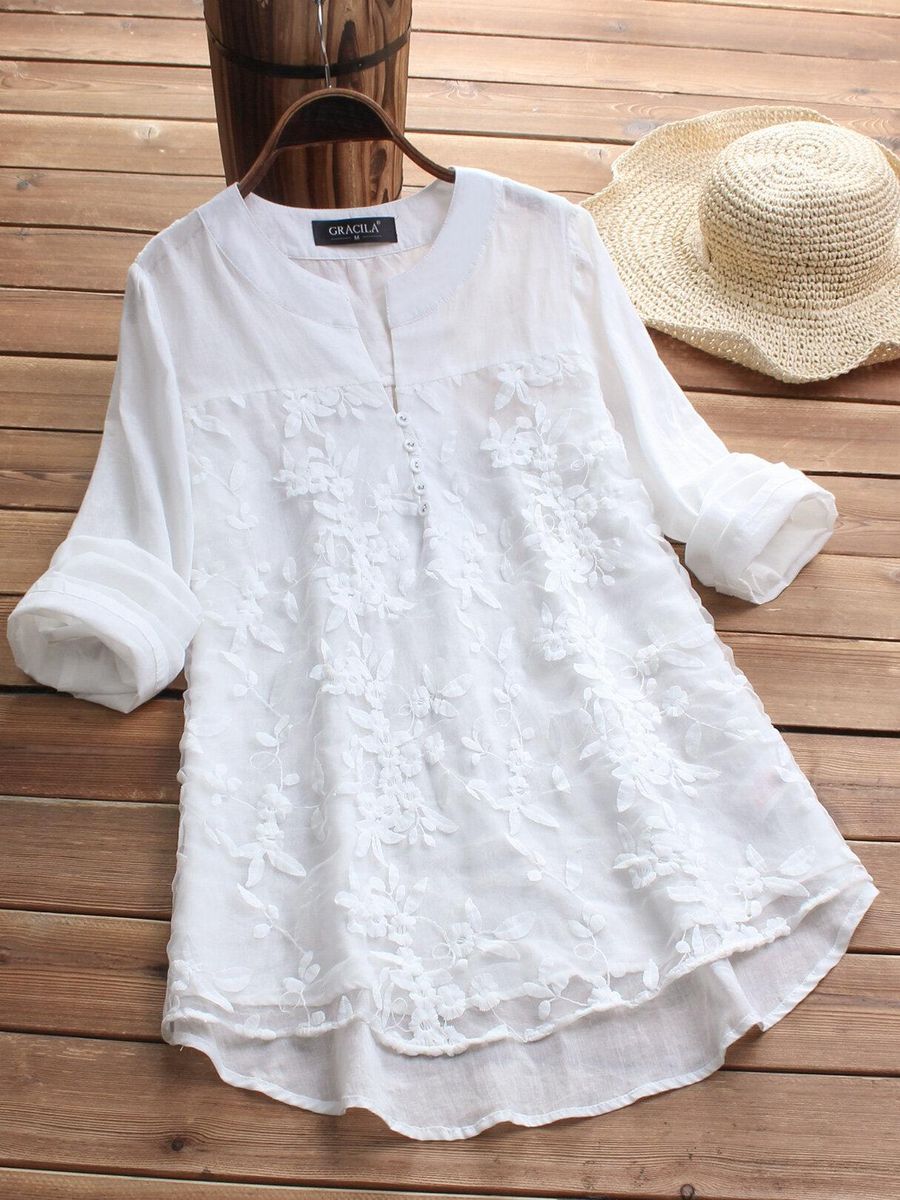 Floral Embroidery V-neck Long Sleeve Irregular Vintage Blouse