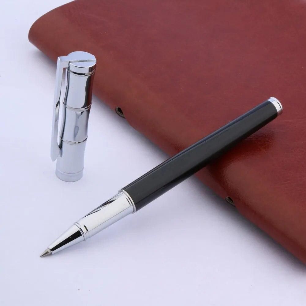 Fashion Metal Pen Stainless Bamboo Black Paiting Silver Trim 0.5MM Ink Refill Rollerball Pen