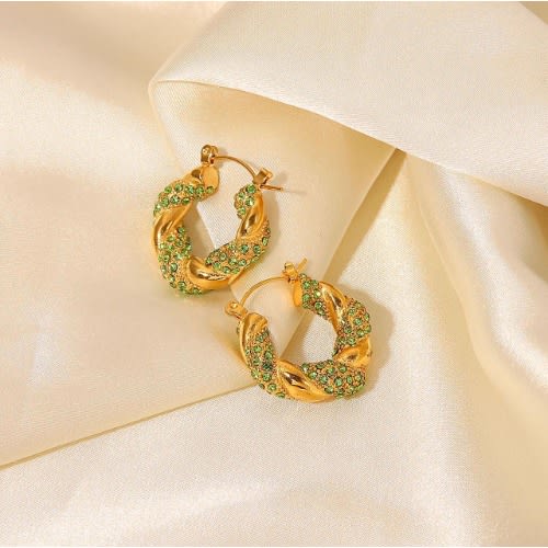 Green Zircon Twist Earrings - Gold Plated