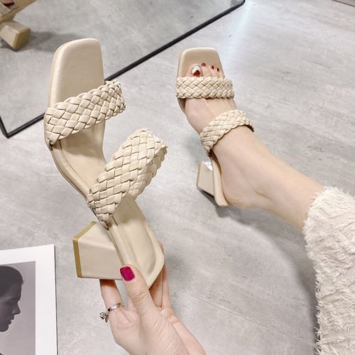 Women's Braided Heels Mules Sandals Square Open Toe Dress Ladies Slippers-Beige