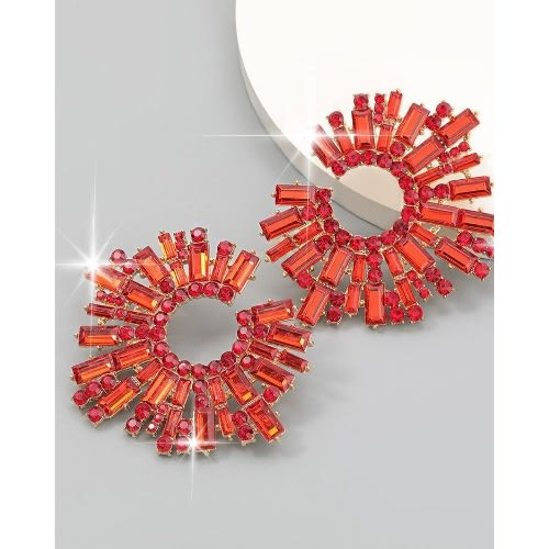 Drop Circular Geo Pattern Earrings - Red