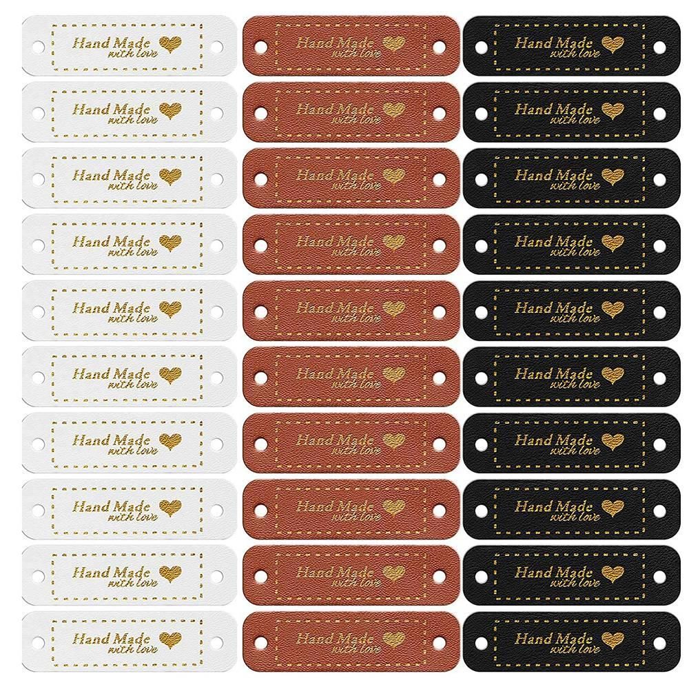 60Pcs Handmade PU Leather Tags Faux Leather Sew on Labels Embellishment Knit Accessories with Holes for