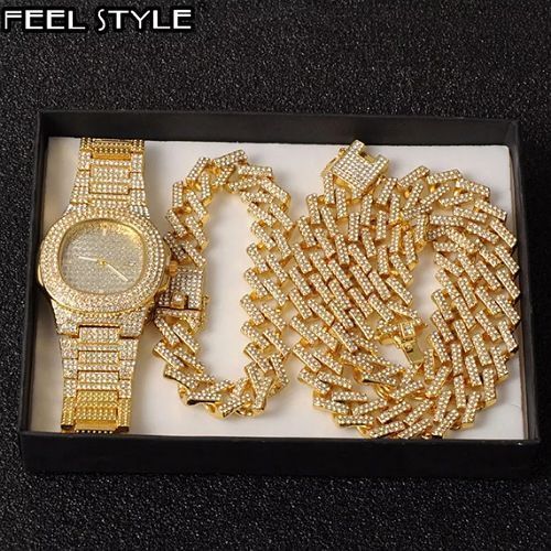 Iced 3 In 1 Set Of Cuban Chain With Watch Bracket Gold