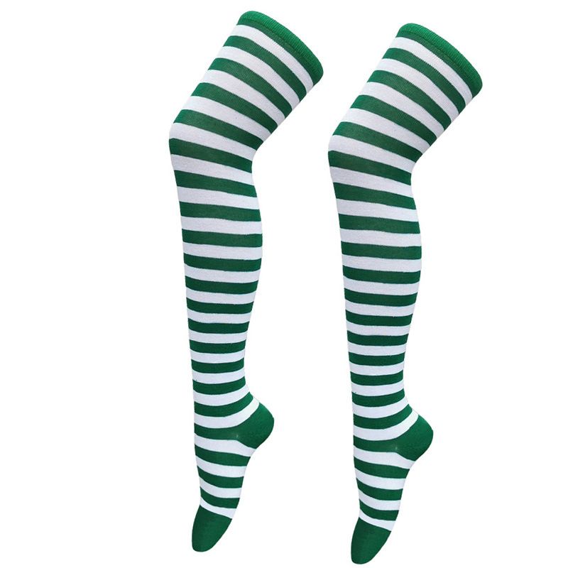 (Green White Thin)New Cosplay Women Over Knee Long Stripe Printed Thigh High Cotton Socks 27 C BEA