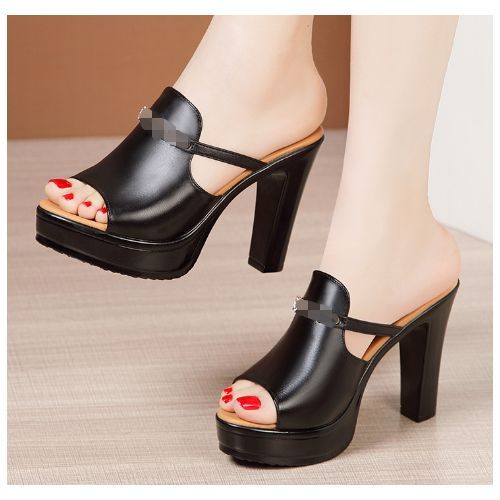 Ladies Fashion High Heel Slippers-Black