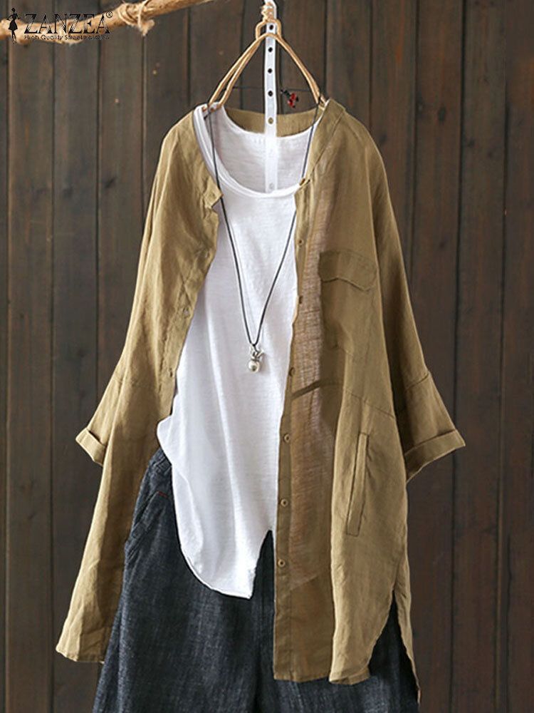 S-5XL Women Long Sleeve Button Down Cotton Asymmetric Vintage Blouse-Beige