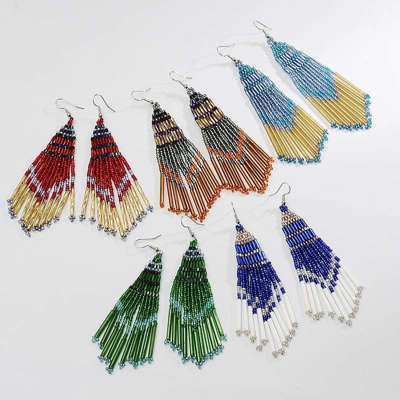 New Bohemian Long Tassel Beads Earrings For Women Handmade Dangle Drop Earrings Fashion Jewelry  Wholesale Factory Directly Sale