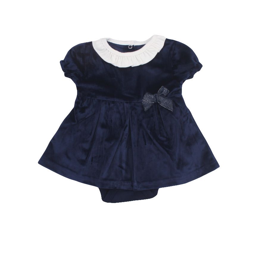 Navy Frill Velvet Body Suit Dress Navy 0 3 Months
