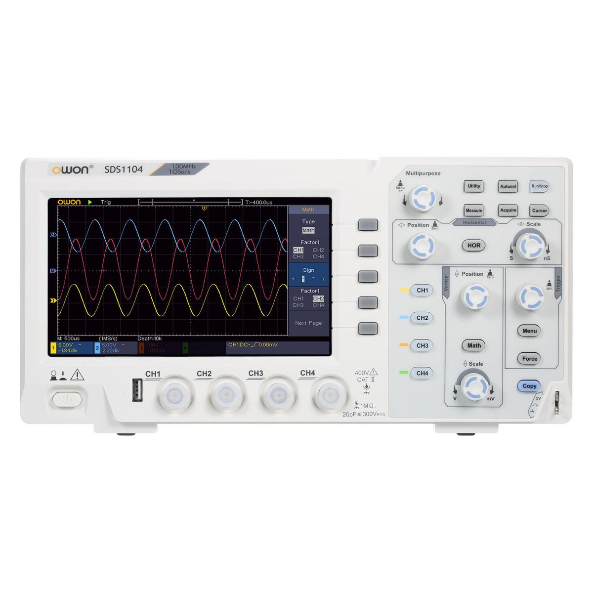 Owon SDS1104 4-CH Digital Storage Oscilloscope with 7-inch LCD Display Handheld Portable Oscillometer 100MHz 1GS/s UK Plug