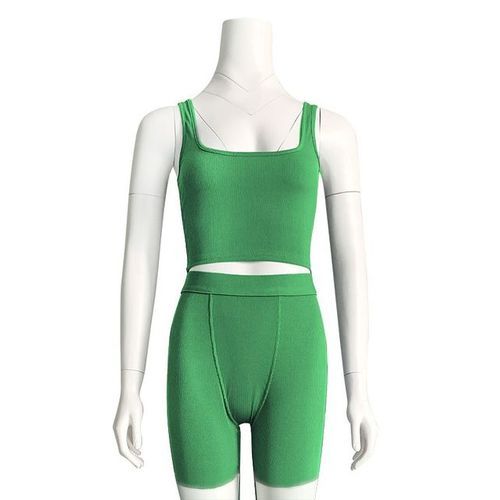 Ribbed Knitted Women 2 Piece Set Gym Crop Tank Leggings Set Casual Streetwear Sporty Tracksuit Summer Active Wear(#BXDK-Green)