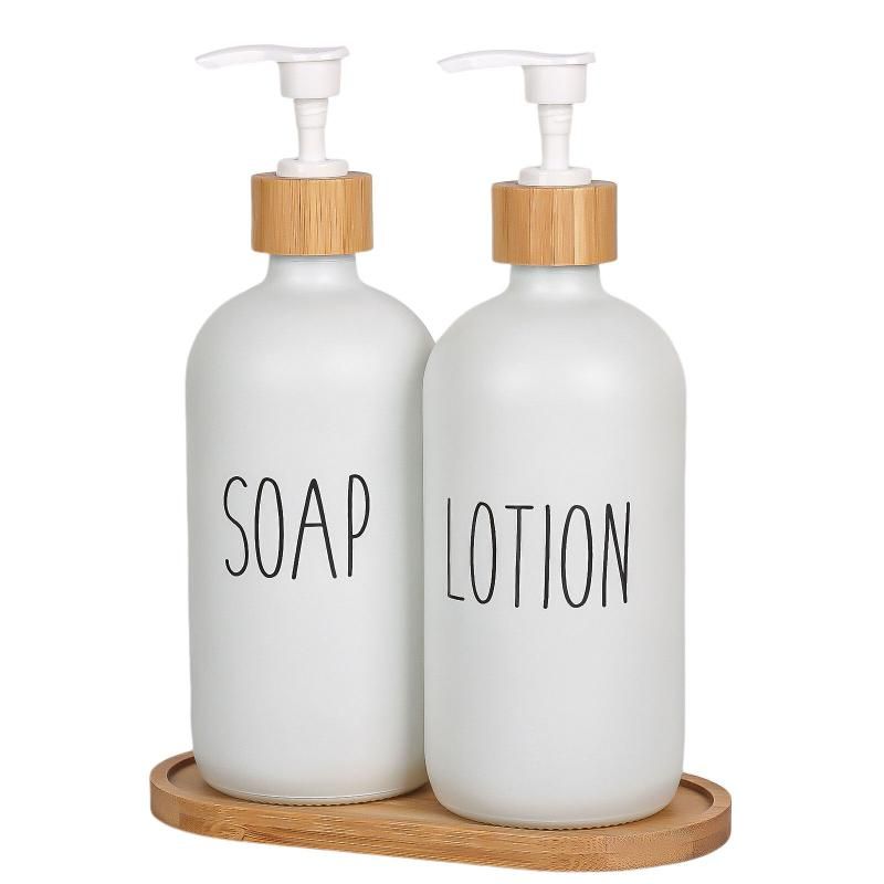 White Glass Soap And Lotion Dispenser Set: 500ml With Wooden