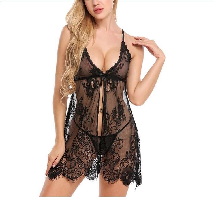 Women  Night Dress Sleepwear Nightgown  Lace Dress  Ladies Floral  See Through Sleep Dress-black