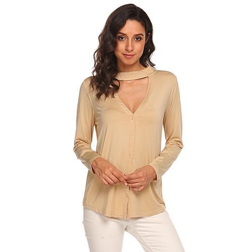Women Long Sleeve Choker V Neck Front Button Cardigan V Back Solid Slim Blouse ( Khaki )