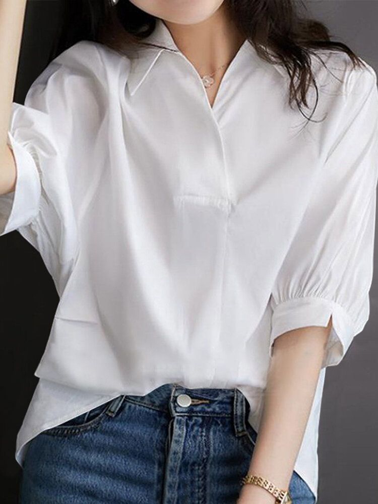 Solid Button Lapel Split Half Sleeve Casual Blouse-Wine Red