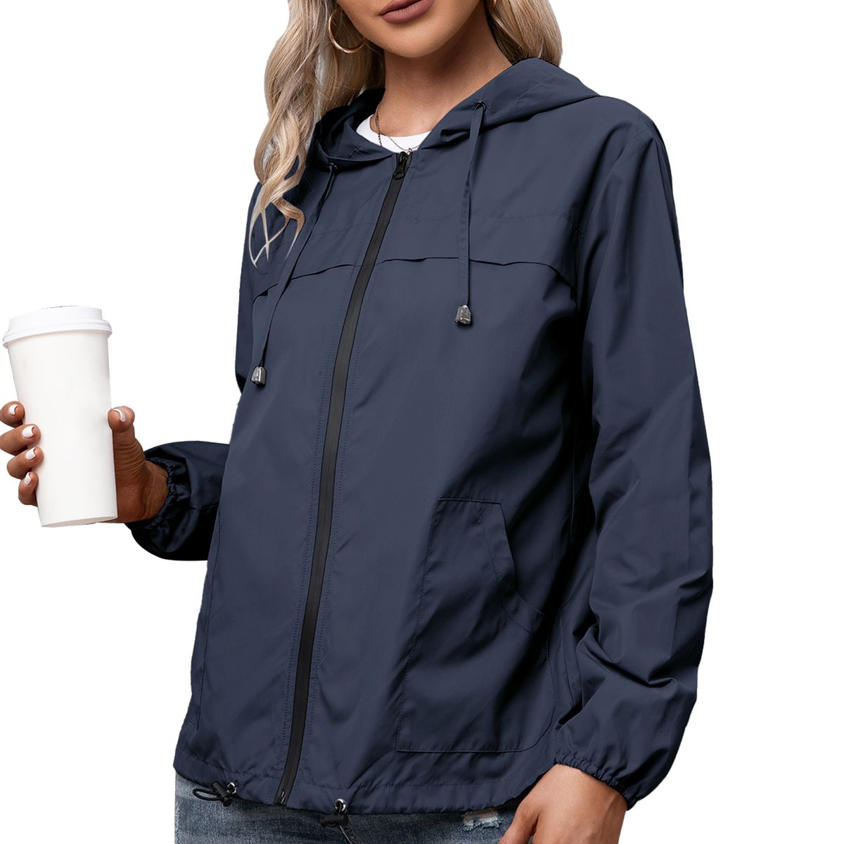 Women Hooded Jacket Waterproof Long Sleeve Elastic Hem