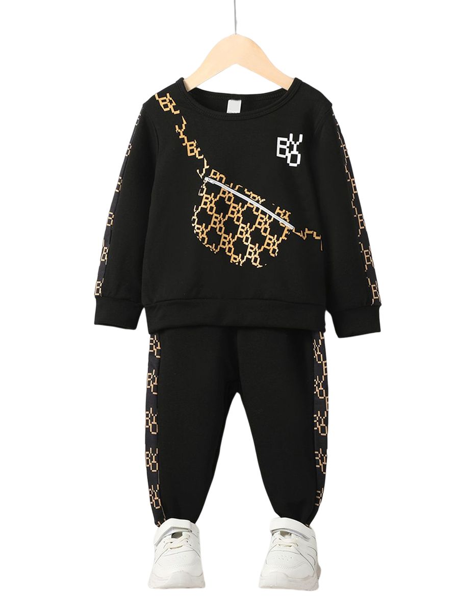 4-7 Years Kid Boy 2PCS Set/Bag Printed Black Long Sleeved +Solid Color Pants