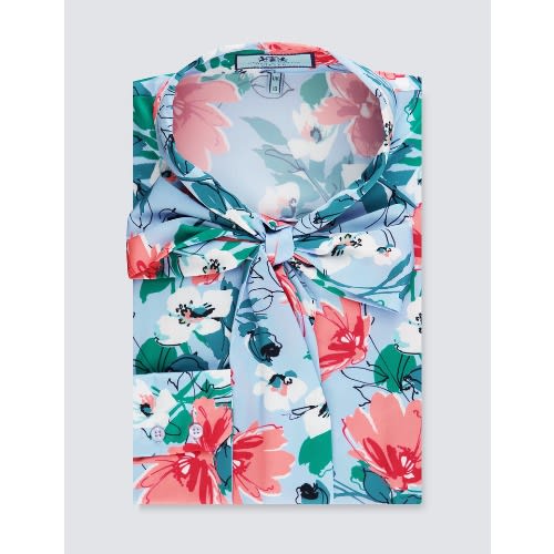 Women's Floral Fitted Satin Blouse - Single Cuff - Pussy Bow -  Blue & Pink