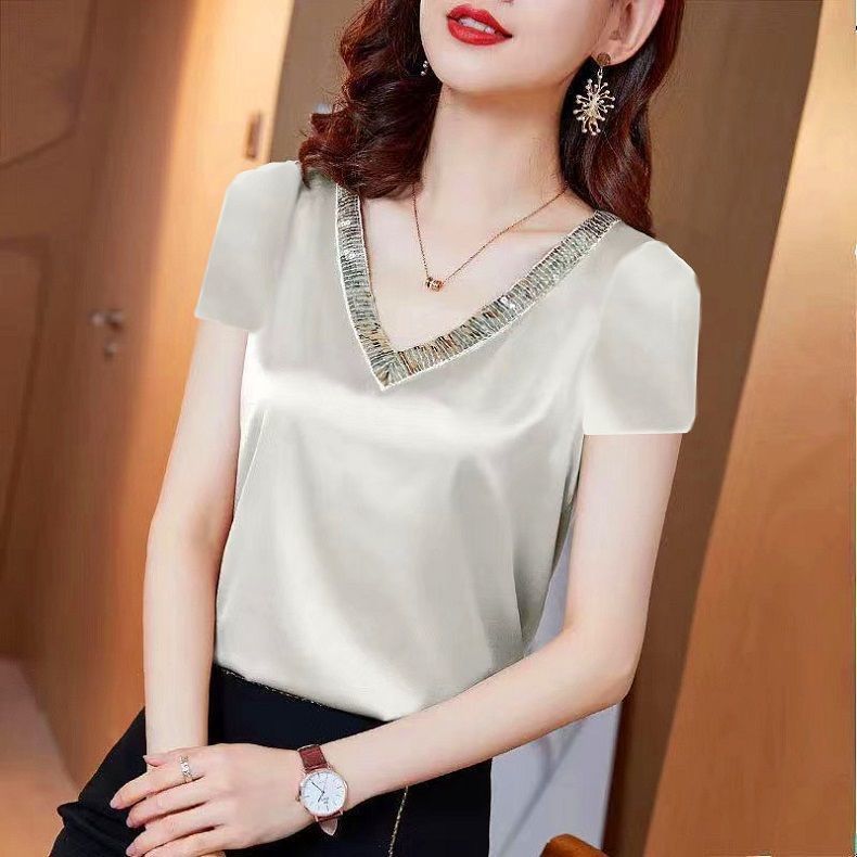 Cream Satin Silk With Gold V-neck Design Blouse Ladies Short Sleeve Top