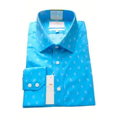 Men's Formal Turquoise Floral Slim Fit Shirt - Single Cuff