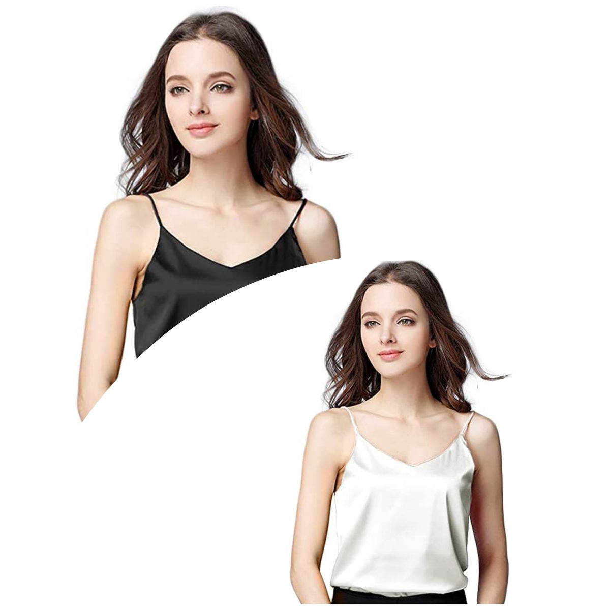 2 Sets Of V Neck Satin Camisole Silk Top Loose Sleeveless Spaghetti Strap Tank Blouse For Women