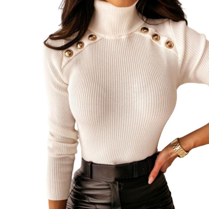 Womens Knitted Turtleneck Long Sleeve Loose Jumper Pullover White