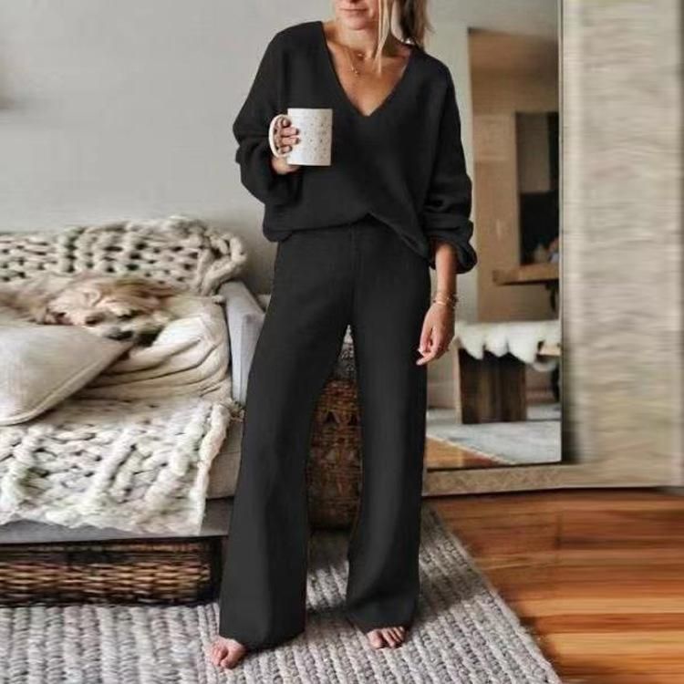 Women's Trousers Suit V-neck Elastic Waist Solid Color Fashion Temperament