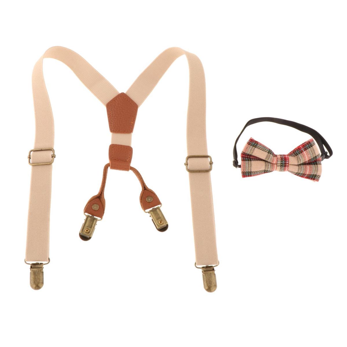 Kids Suspenders And Matching Bow Tie Set Y Shaped 4 Clips Beige
