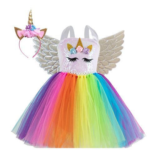Girls Princess Dress [cartoon Unicorn*rainbow Sequins*free Wings Headdress]-3485