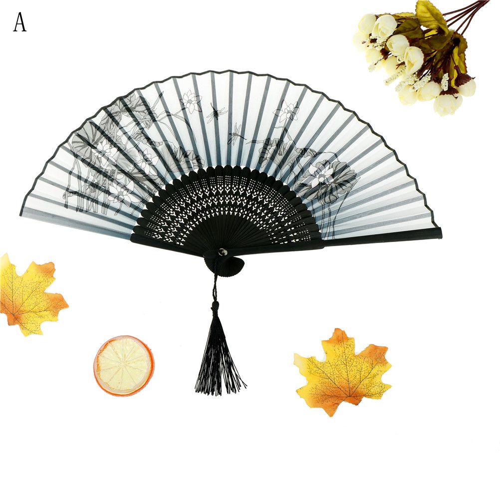 Silk Fan Hand Hand Vintage Party Dancing Spun Carved Fan Printing Flower Women Hollow Hand Folding Decor 1PCS Fans Chinese