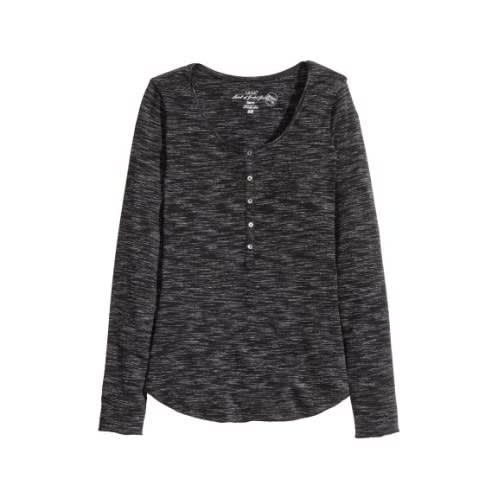 Button Front Jersey Top - Black Marl
