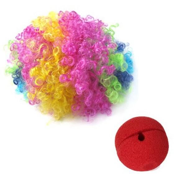 Red Foam Clown Nose + Multi-colored Clown Wig for