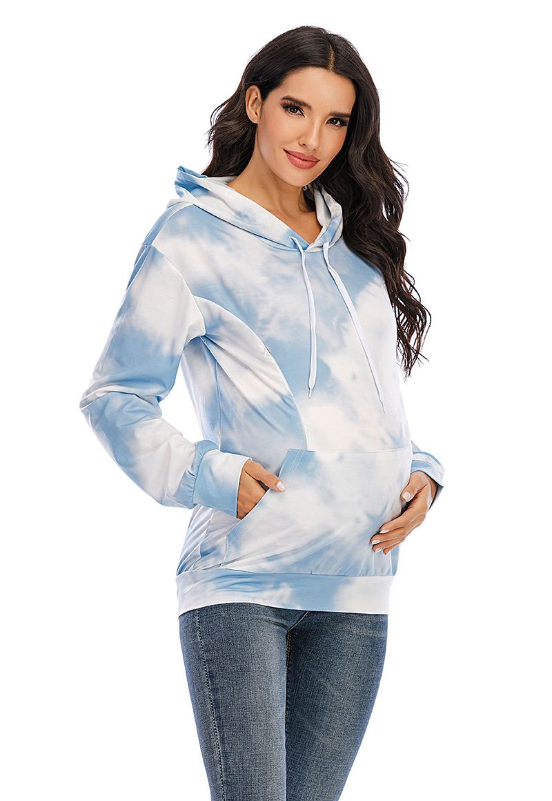 Sky Blue-Pregnant Women's Hooded Long Sleeve Casual Fashion Dye Color Change Design Loose