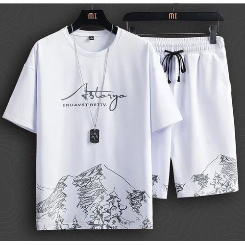 Two Piece 2 In 1 Men's Short Sleeve Shorts Casual Suit - White